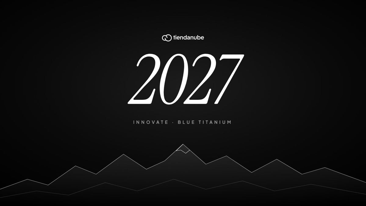 Tiendanube 2027: the year in large numerals over a line drawing of the Andes